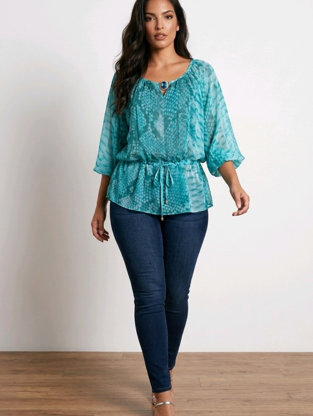ANNA RACHELE Teal Printed Peasant Silk Blouse